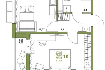 1-к квартира, 42 м², 7/16 эт.
