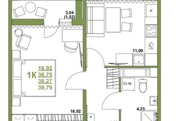 1-к квартира, 38 м², 3/12 эт.