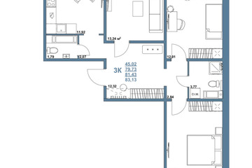 3-к квартира, 81,4 м², 3/12 эт.