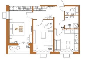 2-к квартира, 57 м², 3/12 эт.