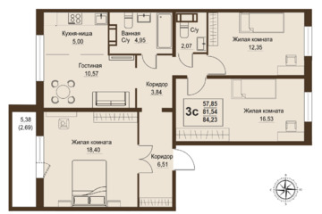 4-к квартира, 84,2 м², 5/9 эт.